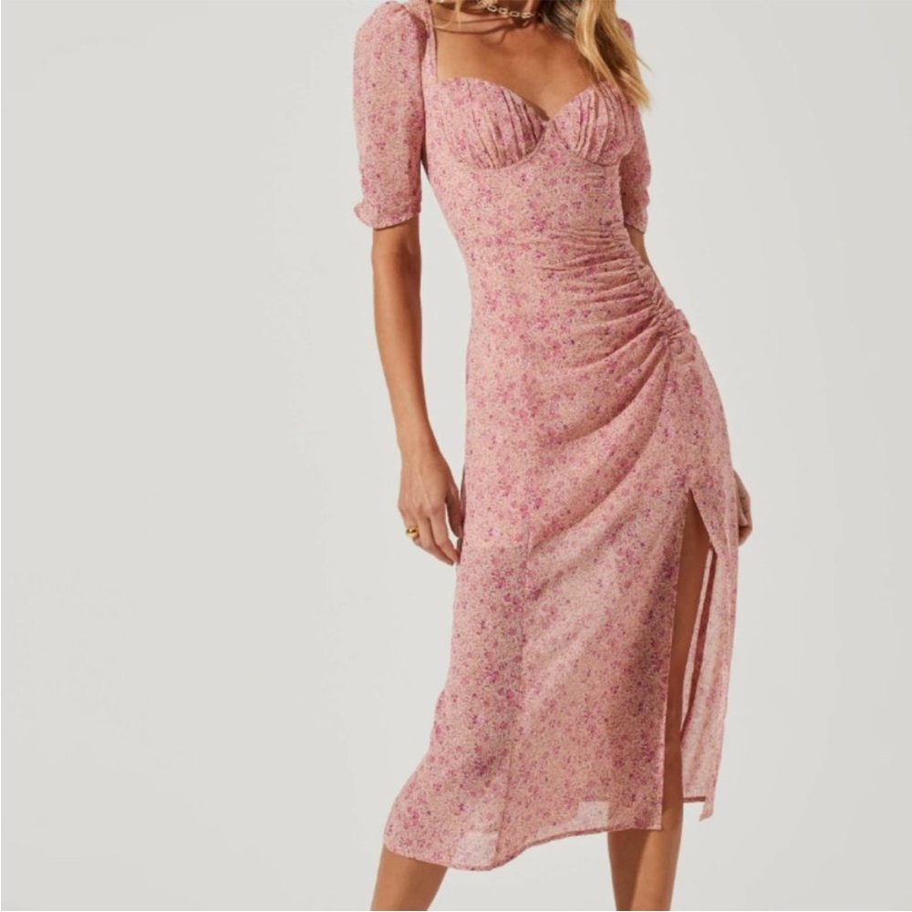 Astr the Label Milkmaid Pink Floral Front Slit Midi Dress Sz XL